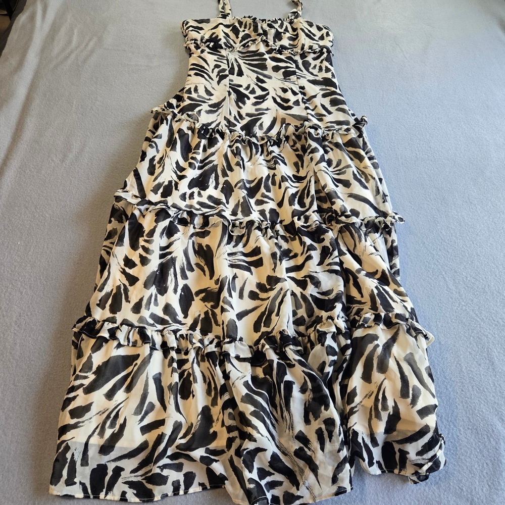 Alexis Maxi Dress Womens Medium Black White Abstract Tiered Ruffle Chiffon